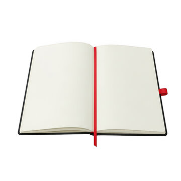 Open notebook with blank pages and a red bookmark ribbon isolated on transparent background