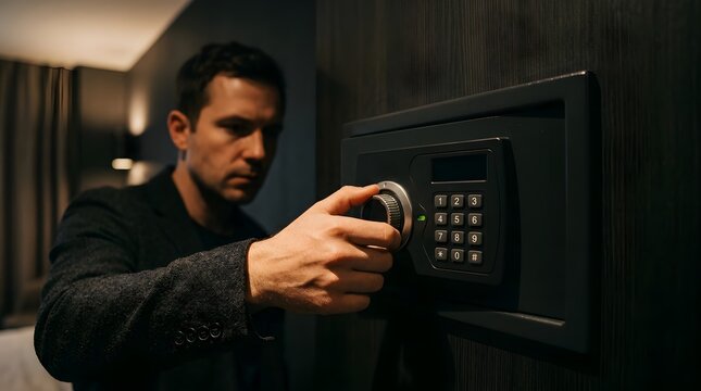 Man in suit opening a metal hotel safe with a digital keypad lock