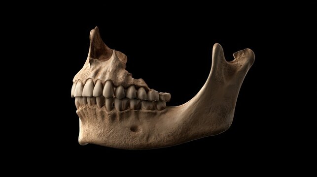 Human jaw bone with teeth in profile against black background