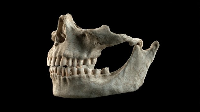 Fossilized prehistoric hominid jawbone and teeth on black background