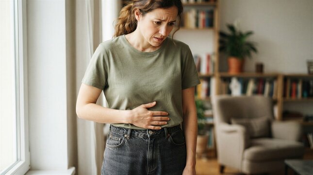Woman experiencing abdominal pain and stomach discomfort while standing at home