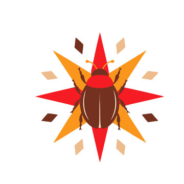 Brown beetle with red head on starburst
