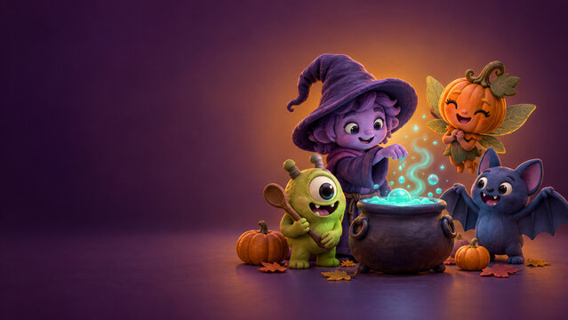 Cute Little Witch and Friendly Monsters Brewing Magic Potion in Cauldron for Halloween