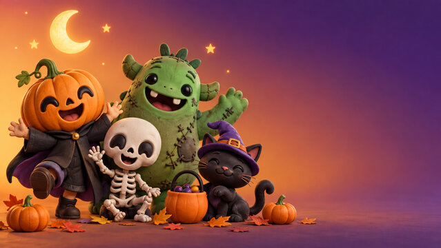 Cute Claymation Halloween Characters with Pumpkin Monster Skeleton and Cat