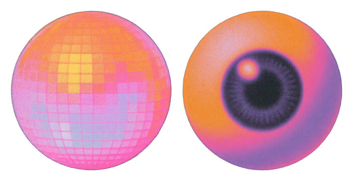 PNG Vibrant abstract spheres with pixel and eye patterns on transparent background