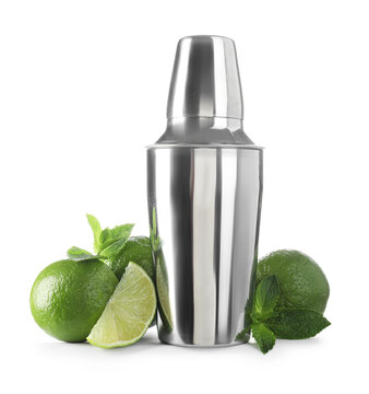 Shaker, mint and limes isolated on white