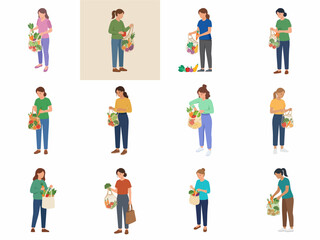 Fototapeta premium Flat vector illustration set of diverse women with reusable mesh bags and fresh vegetables for sustainable living and zero waste grocery shopping.