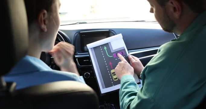 Driving school. Instructor explaining yielding rules to student on scheme in car, closeup