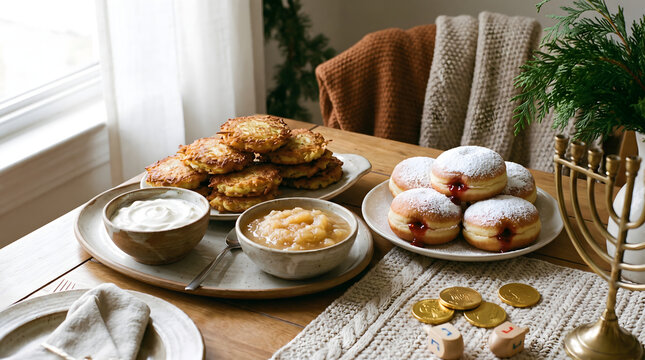 Traditional Hanukkah Table Setup with Crispy Potato Latkes Jelly Sufganiyot and Menorah