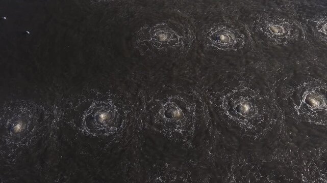 Aerial of Flooded Cranberry Bog Water Aeration in Quebec