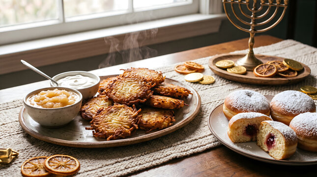 Fresh Fried Hanukkah Potato Latkes with Applesauce Sour Cream and Jelly Donuts