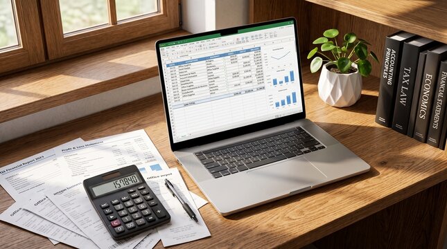 Businessman pointing at printed financial documents with pen while using calculator for corporate budgeting, accounting review, revenue analysis, expense control, strategic budget planning.
