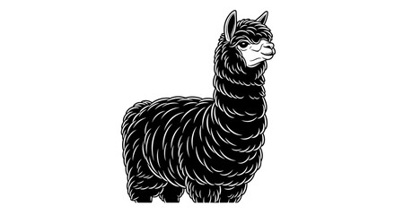 Fototapeta premium Detailed black and white vector illustration of a fluffy alpaca standing sideways, showcasing its thick wool and cute face. Perfect for wildlife, farm animal, and nature designs.