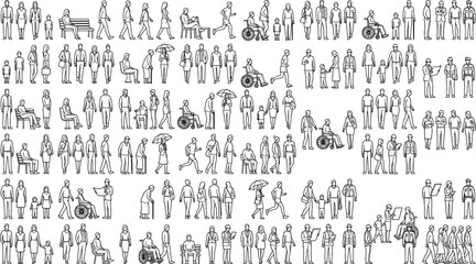 Fototapeta premium Large collection of diverse people silhouettes in various poses and activities, architectural entourage line art