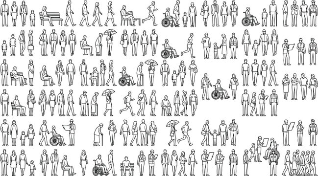 Large collection of diverse people silhouettes in various poses and activities, architectural entourage line art