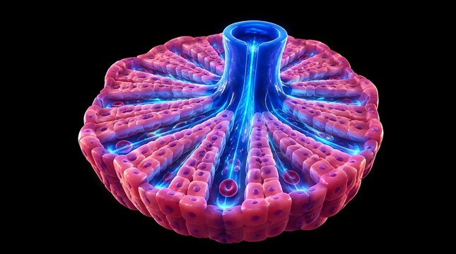 3D medical illustration of a human liver lobule showing cellular structure and central vein.