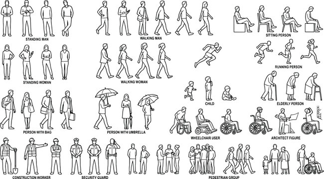 Collection of human silhouettes for architectural visualization, side view people set