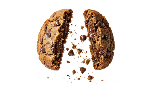 Closeup of a delicious chocolate chip cookie broken into two halves in midair transparent background