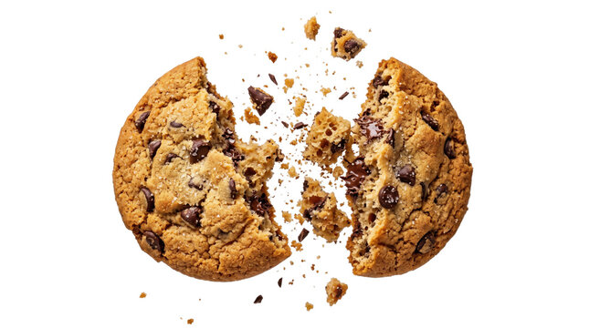 Delicious chocolate chip cookie exploding into pieces midair on white background transparent background
