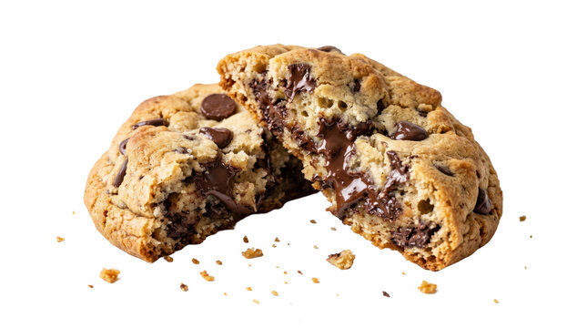 Delicious chocolate chip cookie broken in half showing melted gooey center transparent background