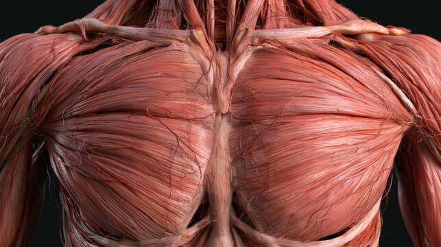 Detailed 3d render of human chest and shoulder muscles