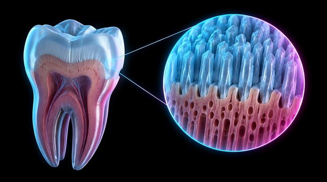 3D medical illustration showing the microscopic structure of human tooth enamel and dentin layers.