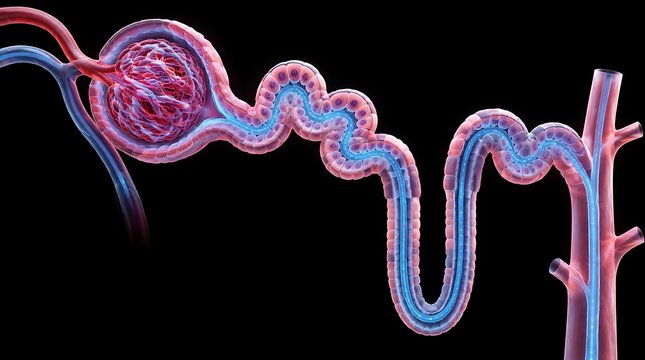 3D medical illustration of a nephron structure showing the glomerulus and renal tubule system.