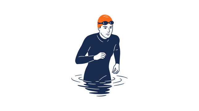 Triathlete Swimmer Emerging From Water Wearing Wetsuit And Goggles