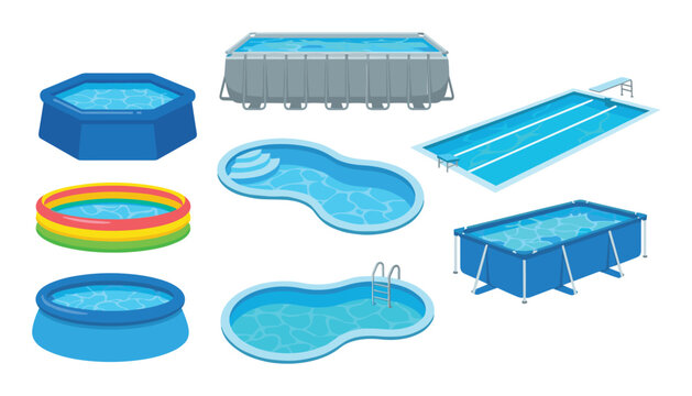 Various swimming pools set featuring frame inflatable backyard and inground lap pool designs vector illustration