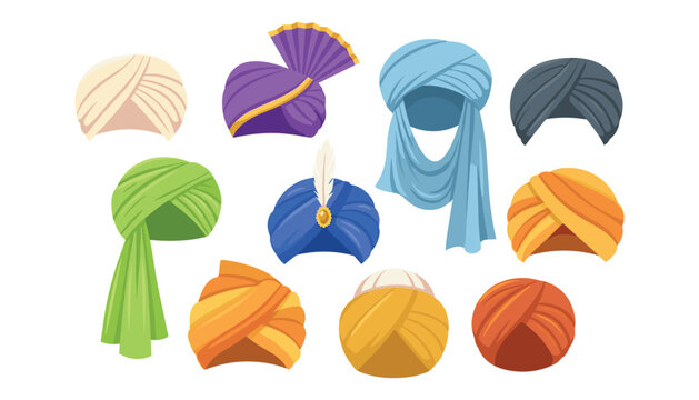Traditional colorful eastern turbans and headwear set featuring indian sikh and arab hats vector illustration