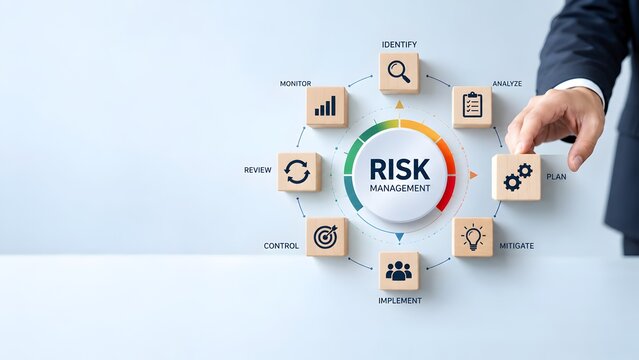 Risk management process strategy businessman hand placing wooden block completing circular workflow diagram concept