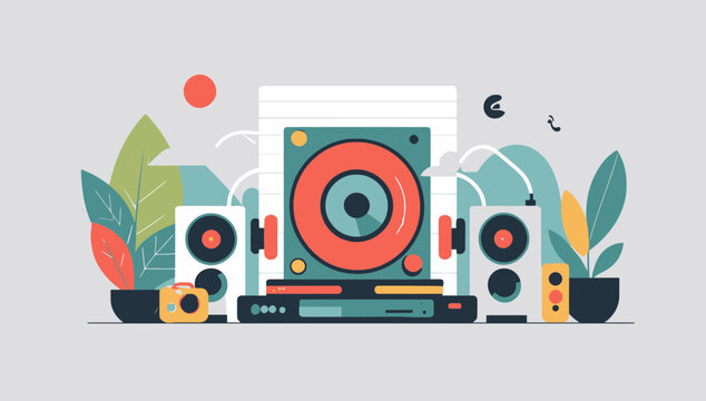Modern flat vector illustration of audio speakers and stereo equipment surrounded by plants.