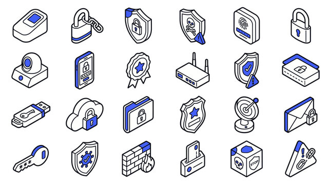 Sleek Isometric Collection of Modern Security and Tech Icons in Blue and White Color Scheme with high quality professional line art symbols for modern creative design and digital branding projects
