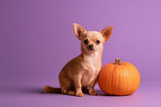 Cute Chihuahua dog sitting next to a pumpkin on a purple background, Halloween pet portrait

