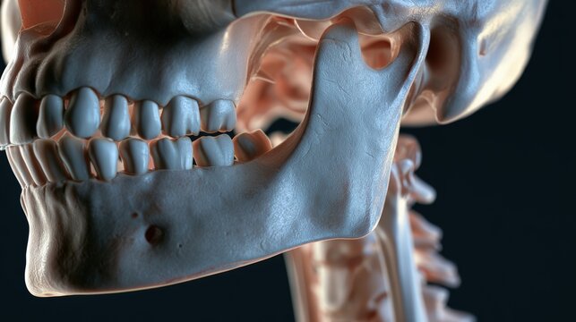 Anatomical human skull model showing jaw bone and teeth structure
