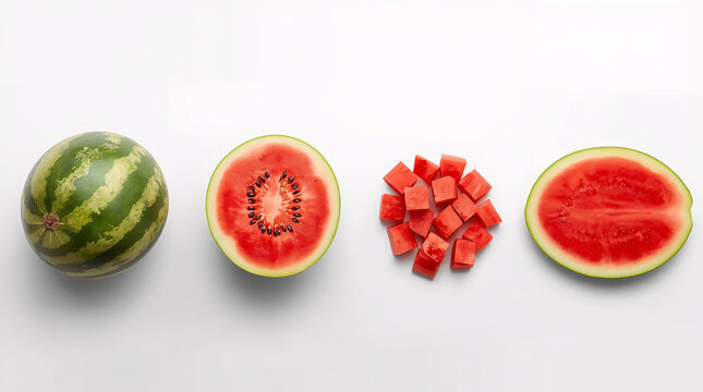 Watermelon fruit stages: whole, half cut, cubes, and slice. Perfect for food, summer, healthy eating, and fruit concept stock images.