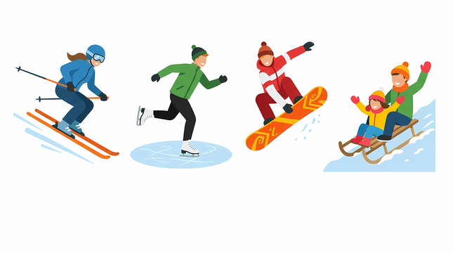 Group of joyful people enjoying outdoor winter sports activities like alpine skiing skating snowboarding and sledding down snowy hills during cold season holidays for active leisure and fun