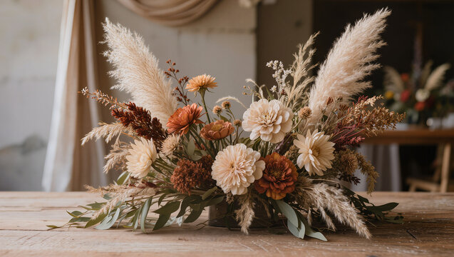 Boho dried flower arrangement with pampas grass and autumn blooms on wood, rustic wedding decor and floral design concept with copy space for text