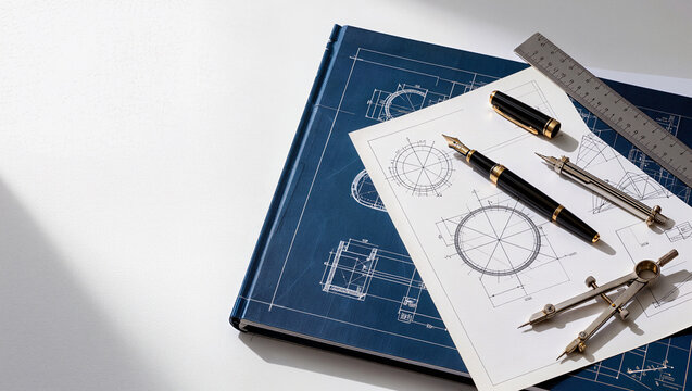 Engineering blueprint drawings with fountain pen and drafting compass on desk, architecture planning and precision design concept with copy space