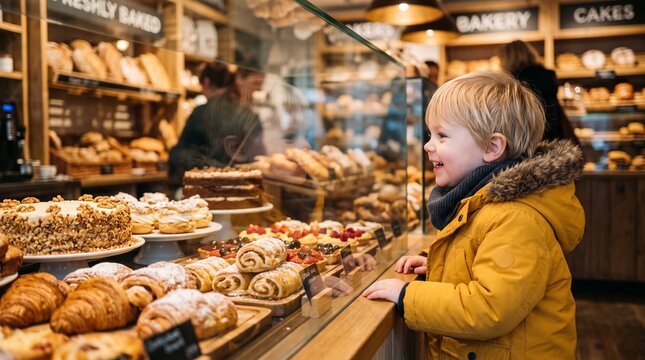 Commercial lifestyle stock photo of a happy young toddler in a yellow winter coat looking excitedly through a bakery display glass case filled with fresh cakes and pastries.