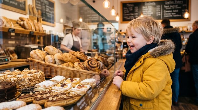 Commercial lifestyle stock photo of a happy young toddler in a yellow winter coat looking excitedly through a bakery display glass case filled with fresh cakes and pastries.