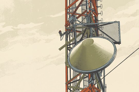 Close up illustration of a telecommunication tower featuring a parabolic dish antenna against cloudy sky