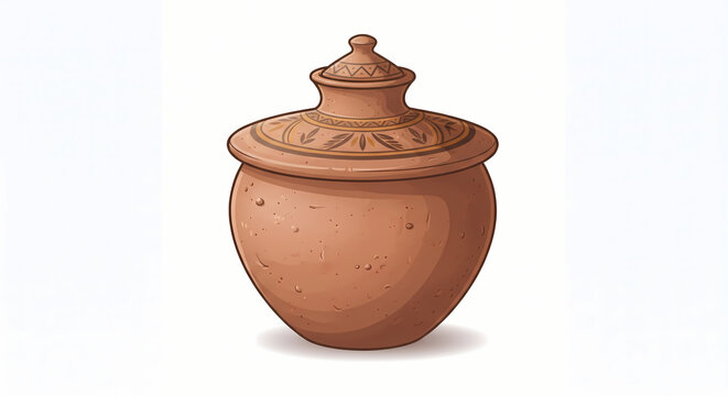 Traditional terracotta clay pot with lid isolated on white background
