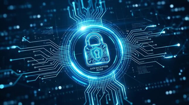 Digital padlock with glowing blue circuit patterns for data encryption