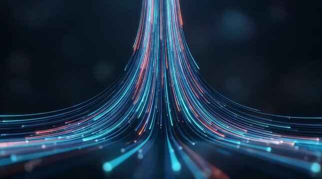 Digital data flow with glowing blue and orange light trails