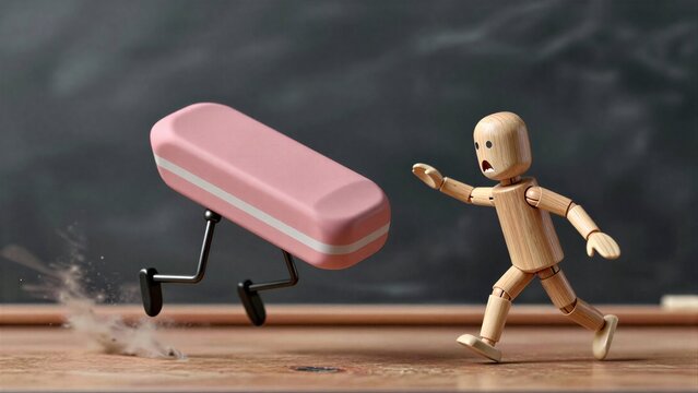 Wooden figure panics as pink eraser with legs chases it across desk.