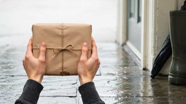 Hands holding a kraft wrapped parcel tied with string on a wet doorstep at a home entrance