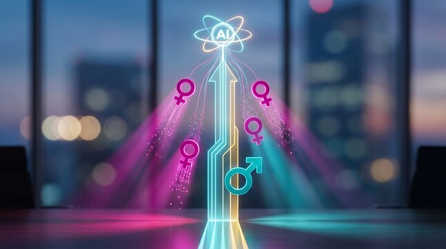 Futuristic ai concept with gender symbols in office setting