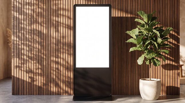 Mockup Digital Signage Mockup with Blank Screen and Plant in Modern Interior
