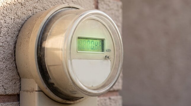 Digital electric meter mounted on a residential exterior wall measures household power consumption.